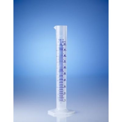 Цилиндр мерный высокий прозрачный, 100 мл, с 6-гранным основанием, пластиковый PP, класс B, с синей рельефной градуировкой (649081) (Vitlab)